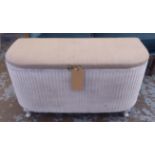 OTTOMAN, white painted wicker with hinged fawn upholstered top, 49cm H x 91cm x 39cm.