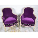 BERGERES, a pair, early 20th century French painted in Designers Guild purple and honeycomb