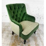 ARMCHAIR, green buttoned velvet with contrasting patterned seat and back, 70cm x 95cm H.