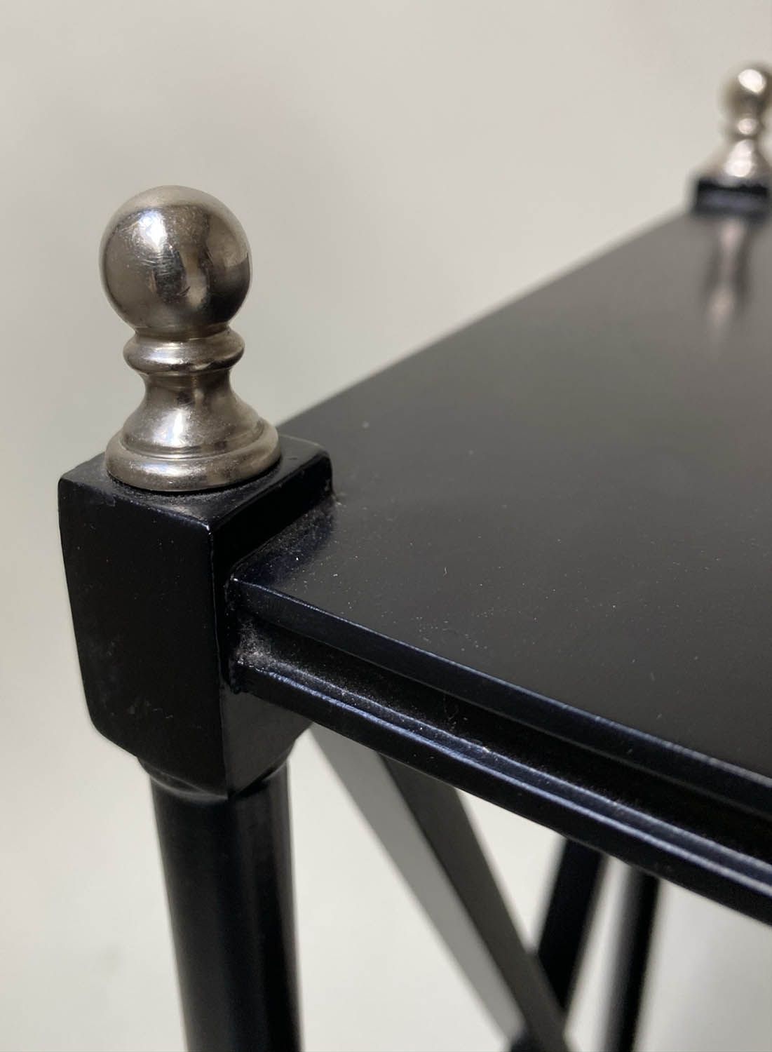 LAMP TABLES, a pair, black lacquered and chrome mounted with X supports, 35cm W. (2) - Image 2 of 3