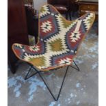 AFTER BONET, KURCHAN AND FERRARI-HARDOY BUTTERFLY STYLE CHAIR, kilim finish, 89cm H.