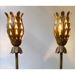 STANDARD LAMPS, a pair, vintage 1970's each with gilt metal leaf shade and column and weighted