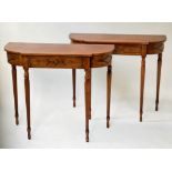 ARTHUR BRETT CONSOLE TABLES, a pair, George III design mahogany each breakfront with frieze drawer