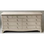 LOW CHEST, George III design, traditionally grey painted with nine drawers and silvered handles,