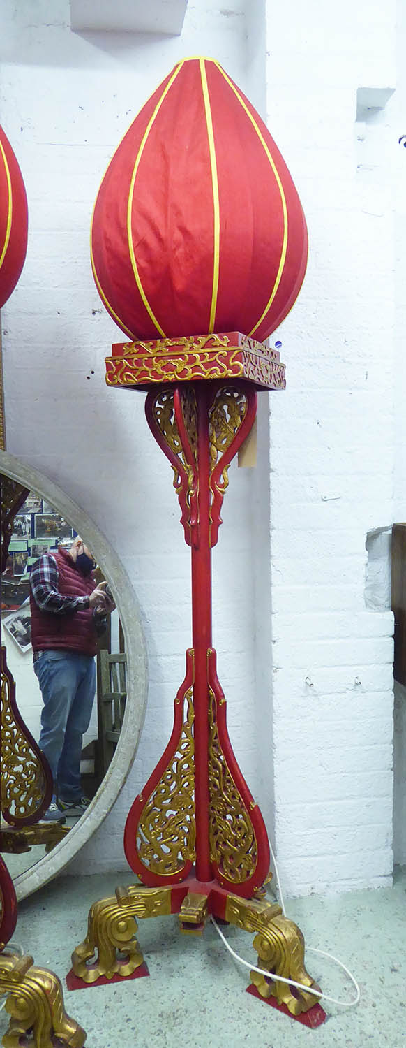 STANDING LAMP, Chinese red and gilt decorated with ovoid silk shade, 215cm H x 63cm W x 200cm D.