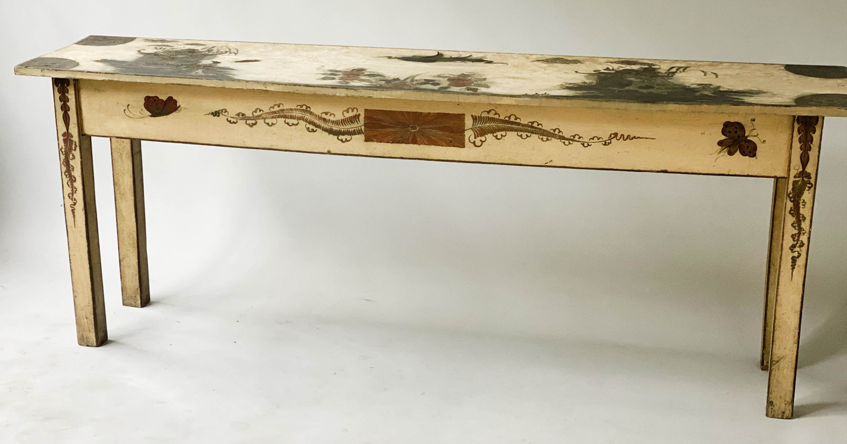 CONSOLE TABLE, rectangular 19th century style distressed cream crackelure with hand painted