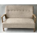 SOFA, 1970's Danish style sycamore with oatmeal upholstered button back and well shaped rear