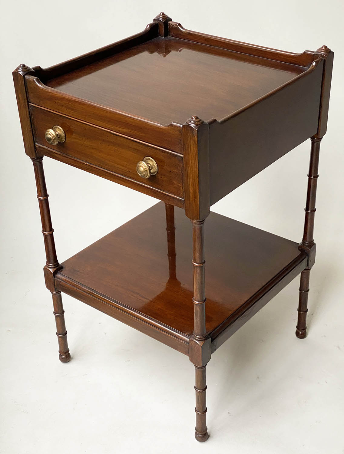 LAMP TABLES, a pair, George III design mahogany, each galleried with frieze drawer and under tier, - Image 3 of 8