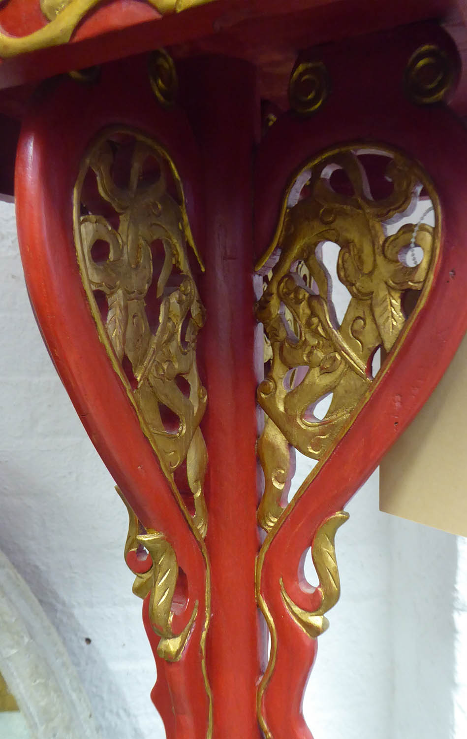 STANDING LAMP, Chinese red and gilt decorated with ovoid silk shade, 215cm H x 63cm W x 200cm D. - Image 3 of 4