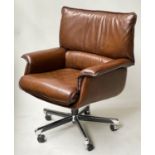 REVOLVING DESK CHAIR, 1980's stitched padded mid brown leather revolving and reclining, 95cm H.