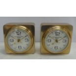 TABLE CLOCKS, a pair, vintage style, gilt metal, 13cm x 13cm x 8cm. (2)