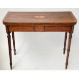 TEA TABLE, George III D shaped mahogany and rosewood crossbanded with satinwood fan medallion centre