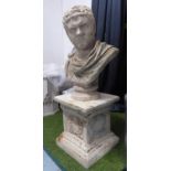 CLASSICAL STYLE BUST, on pedestal, faux aged stone finish, 111cm H approx. (2)