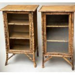 BAMBOO BOOKCASES, a matched pair, bamboo framed and cane panelled each with glazed door, 92cm H x