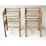 LAMP TABLES, a pair, bamboo framed and trellis panelled each with two glazed shelves, 68cm H x