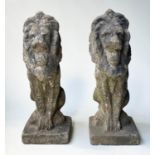 GARDEN/GATE LIONS, a pair of weathered reconstituted stone lions rampant, 57cm H. (2)