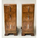BEDSIDE CHESTS, a pair, Art Deco figured walnut each with three drawers. (2)