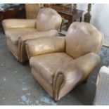 ARMCHAIRS, a pair, Art Deco design, distressed tan leather, 95cm W x 81cm H x 87cm D. (2)