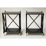 LAMP TABLES, a pair, black lacquered and chrome mounted with X supports, 35cm W. (2)