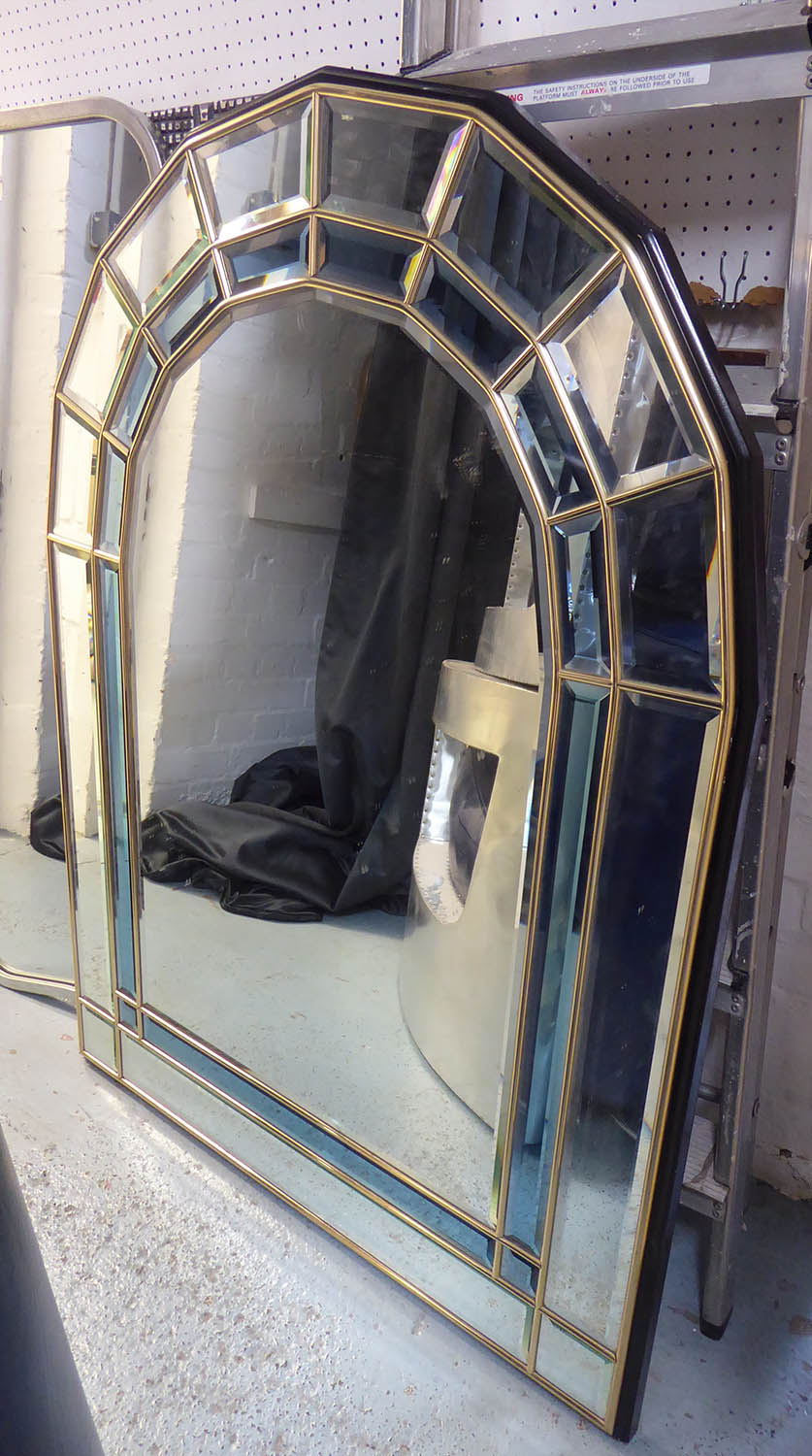 WALL MIRROR, Italian, of arched form with two bevelled plated borders, one clear, one blue, 88cm x