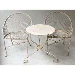TERRACE SET, a pair, French magnolia painted wire work with arched backs and a 1950's French