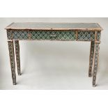 CONSOLE TABLE, shallow rectangular stained beech wood framed with printed bevelled glazed panels