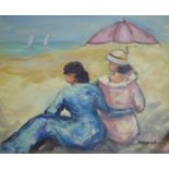 MARIWISH 'Ladies on a Beach', oil on canvas, signed lower right, 38cm x 45cm.