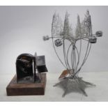 COLLECTION OF INTEREST, including a sculpture and wire work candelabra, 45cm at tallest. (2)