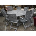 GARDEN DINING SET, distressed grey painted teak table, circular and folding, 74cm H x 150cm with