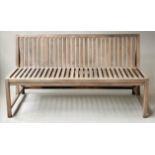 GARDEN BENCH, weathered teak, Conran style slatted construction, 147cm W.