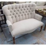 SOFA, Victorian style, buttoned back neutral upholstered finish, 123cm W approx.