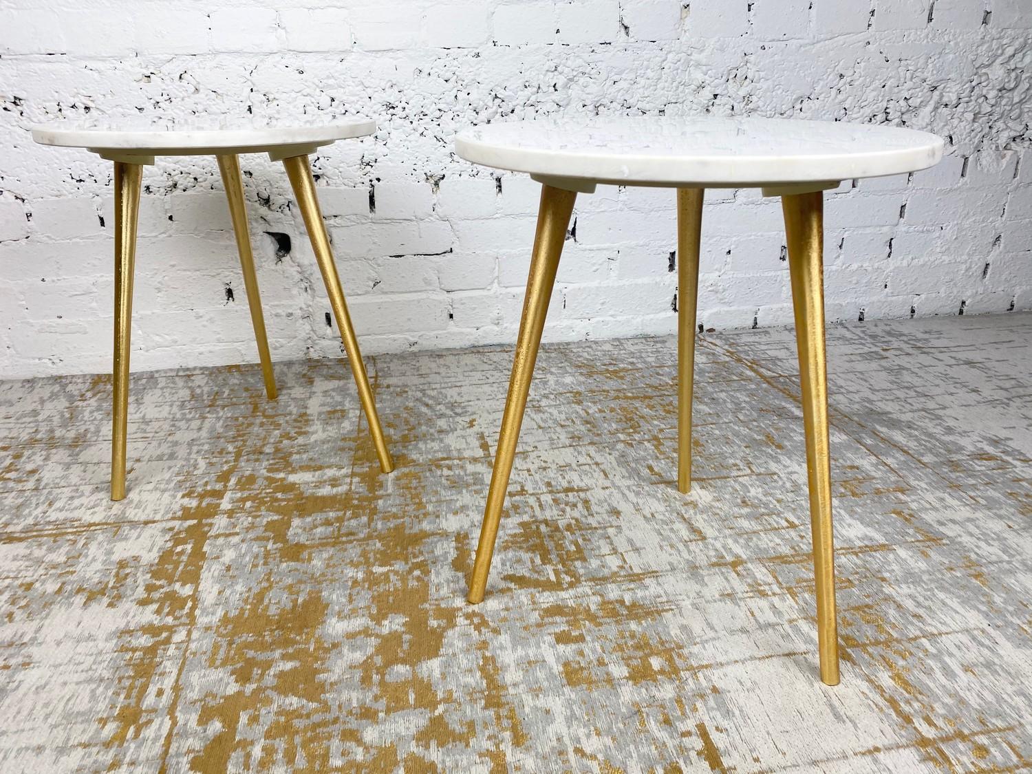 LAMP TABLES, a pair, 1970's Italian design, circular marble tops on tripod gilt metal legs, 47cm H x - Image 3 of 4