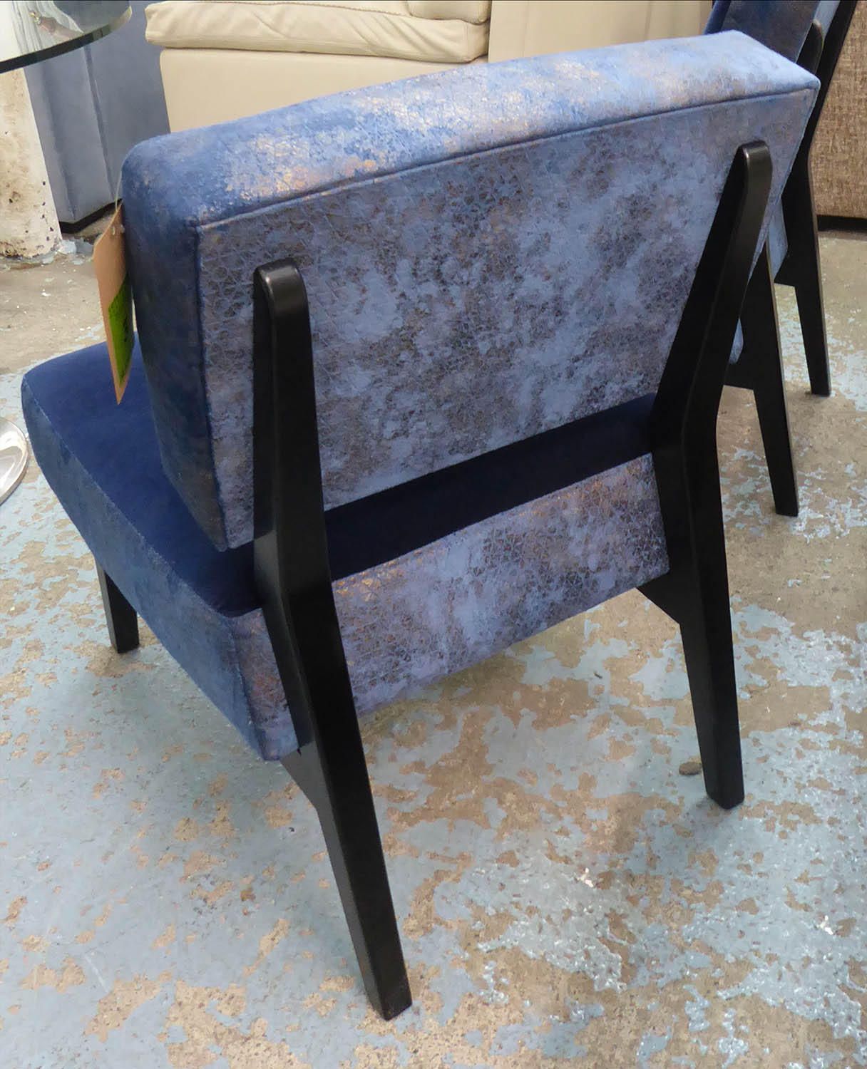 LOUNGE CHAIRS, a pair, blue velvet with contrasting fabric detail with ebonised frame, 55cm W. (2) - Image 4 of 4