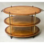 ETAGERE, Edwardian manner oval satinwood and rosewood crossbanded of two tiers with brass pillars