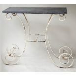 TABLE VENDU, 19th century French wrought iron, scrolled and parcel gilt with fossil marble top, 96cm