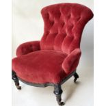 ARMCHAIR, Victorian, ebonised, ebony and gilt decorated, with burgundy velvet cord upholstery and