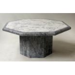 MARBLE LOW TABLE, octagonal two tone variegated grey marble with conforming plinth, 100cm x 43cm H.