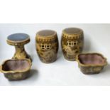 CHINESE STOOLS, a pair, Chinese yellow and brown glazed of barrel form together with a table and