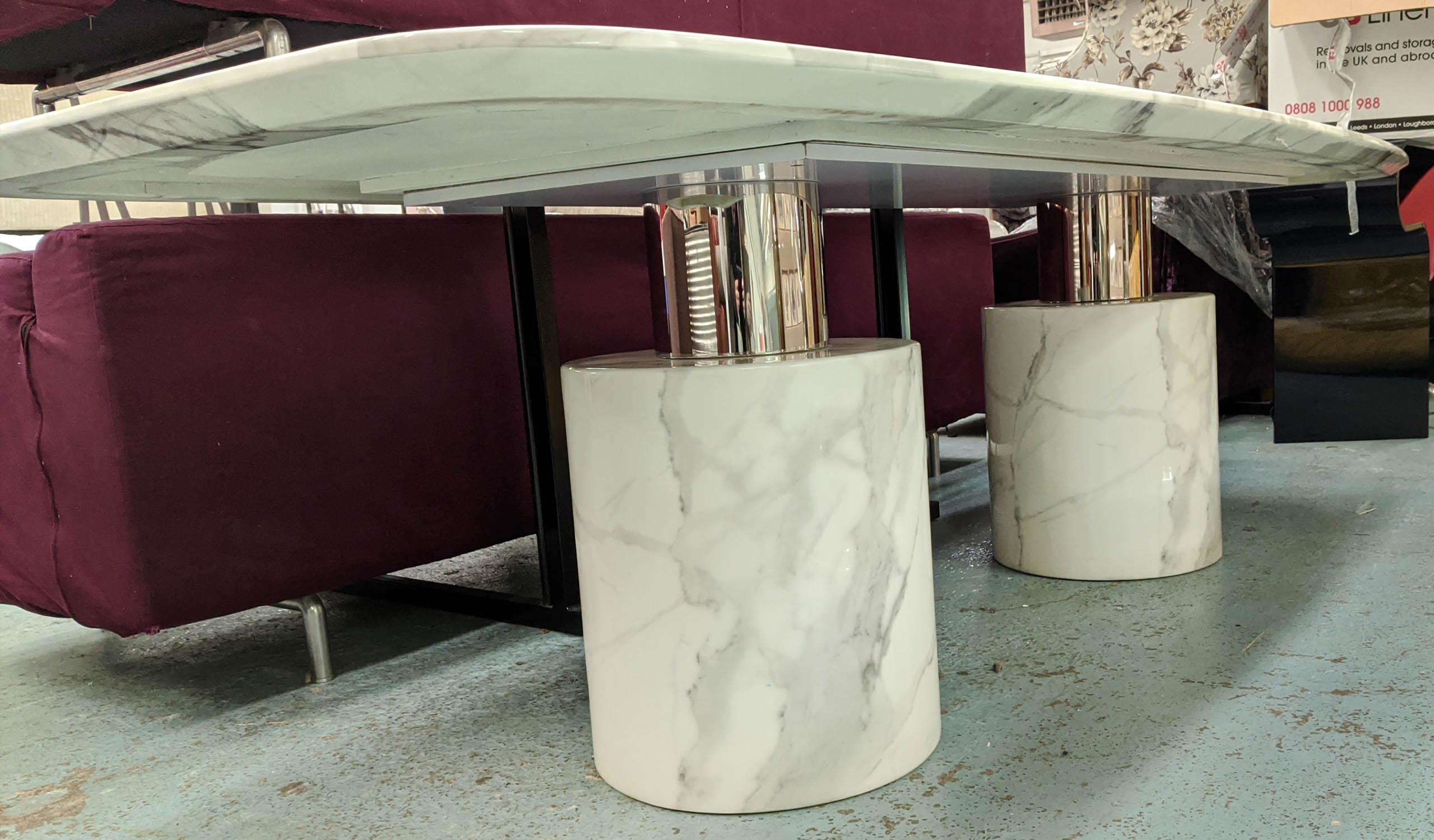 DINING TABLE, white marble, 261cm L x 111cm D x 78cm H, a base with two pillars and polished metal - Image 4 of 5