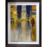 JOHN HASKINS (Contemporary British) 'Street in the Rain', print on board, with gallery label, 70cm x