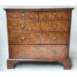 CHEST, early 18th century English Queen Anne figured walnut with two short and three long drawers,