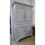 CABINET, in a distressed blue/grey painted finish, 109cm x 186cm H x 47cm.