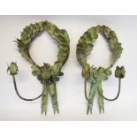 WALL LIGHTS, a pair, Classical style, leaf decorated verdigris tole, 49cm H. (2)