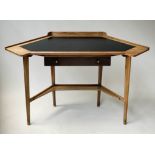 WRITING TABLE, 1970's teak angular vinyl writing surface with frieze drawer and undertier, 120cm x