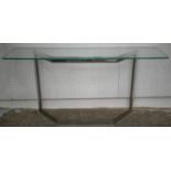 CONSOLE TABLE, chrome and brass with rectangular glass top, 74cm H x 149cm W x 38cm D.