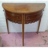 DEMI LUNE SIDE TABLE, mahogany with swing out drawers, 76cm W x 38cm D x 76cm H.