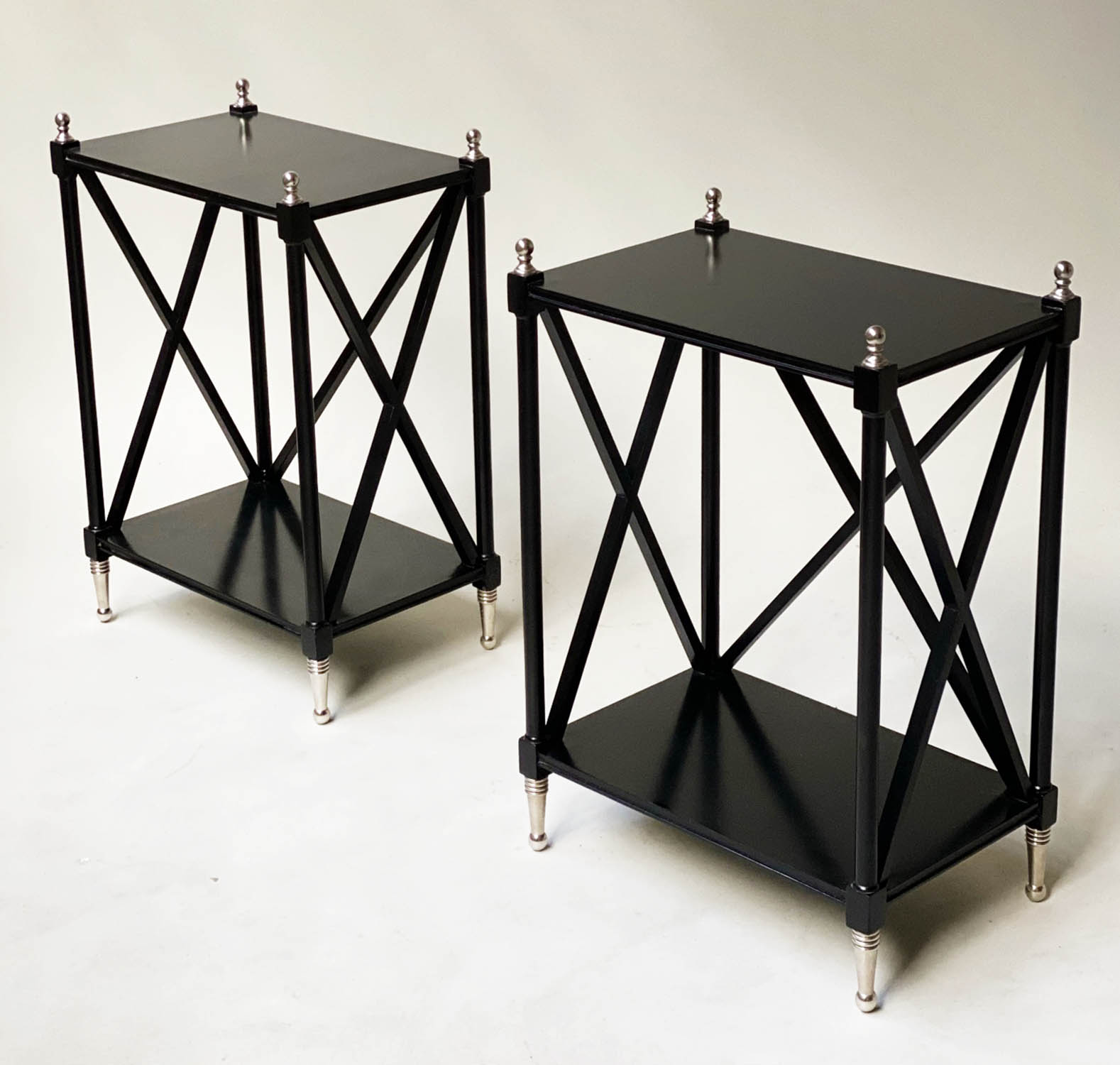 LAMP TABLES, a pair, black lacquered and chrome mounted with X supports, 35cm W. (2) - Image 3 of 3