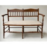 HALL BENCH, early 20th century English studded upholstered seat and turned back and supports,