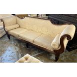 SETTEE, Regency style in cream damask with mahogany showframe, 230cm W x 60cm x 88cm H.