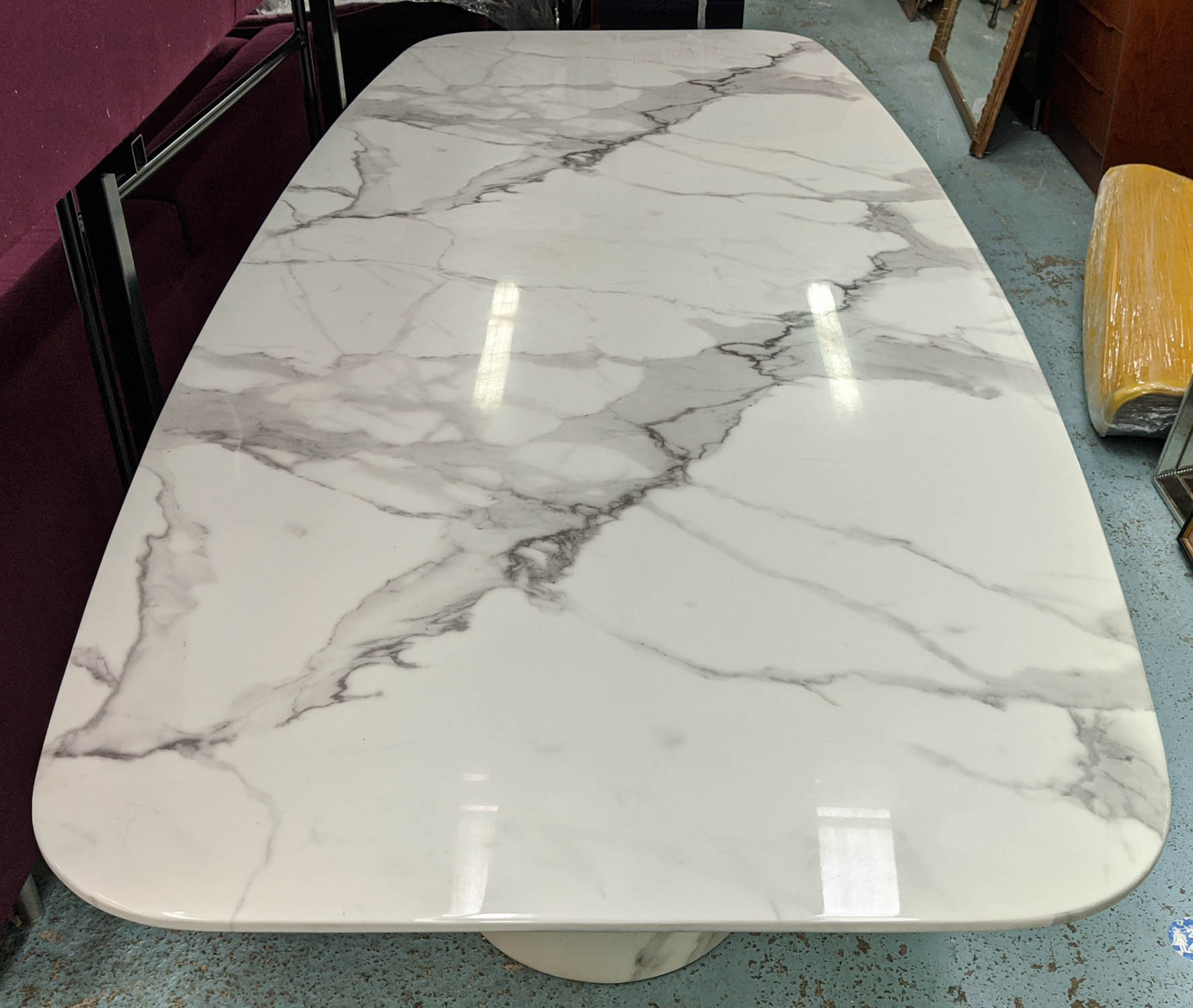DINING TABLE, white marble, 261cm L x 111cm D x 78cm H, a base with two pillars and polished metal - Image 5 of 5